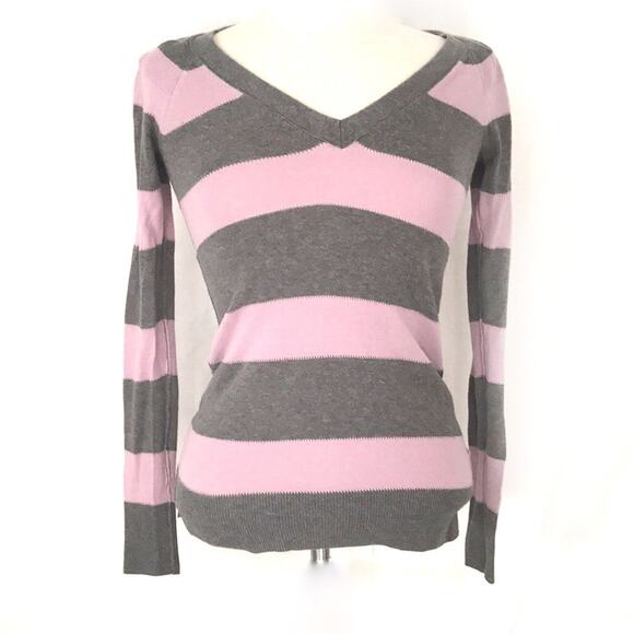 AEO V-Neck Long Sleeve Gray Purple Striped Top XS - Picture 2 of 7